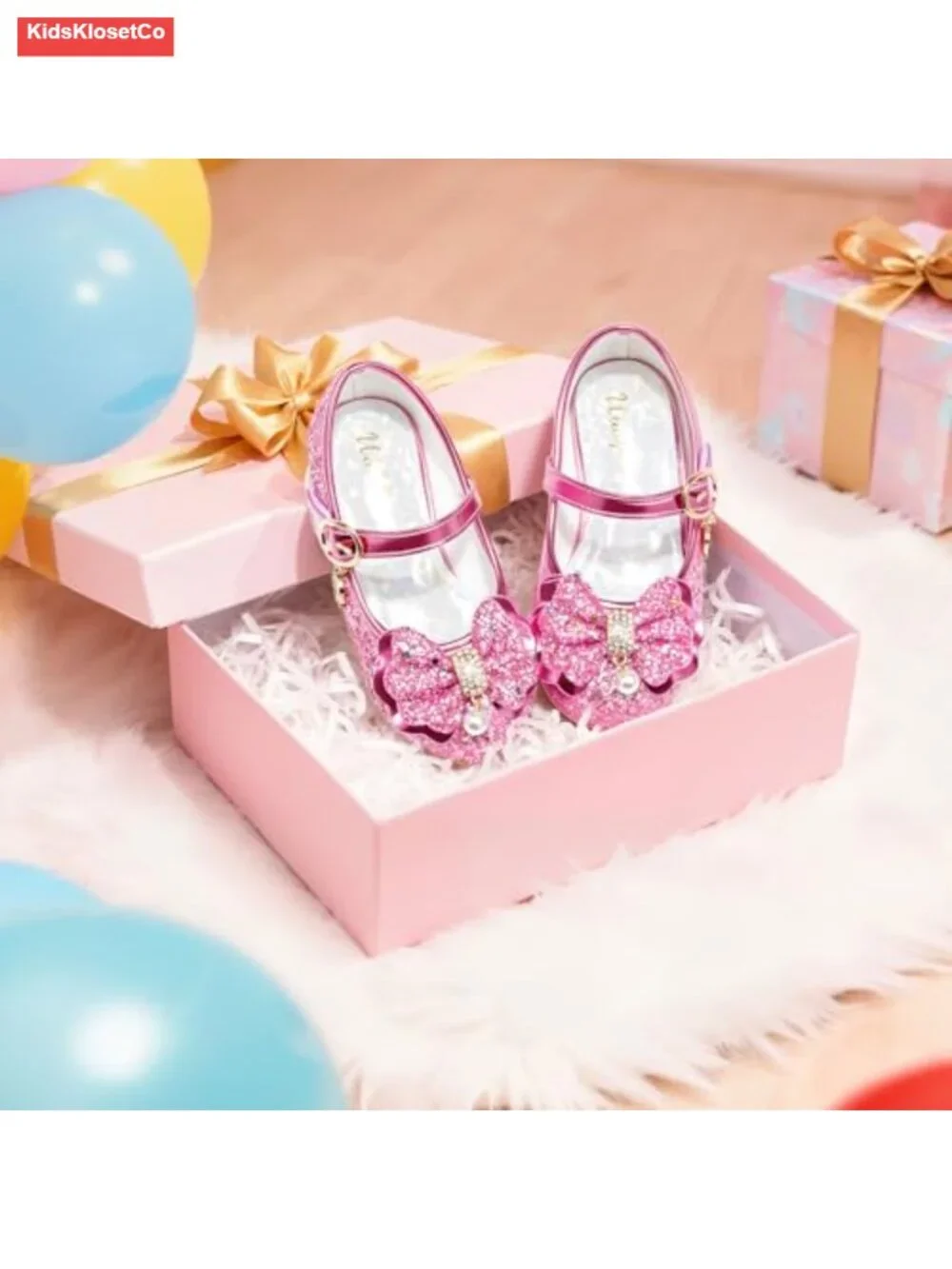 Glitter Princess Dress Shoes with Bow, Hook & Loop Closure, Memory Foam Insole